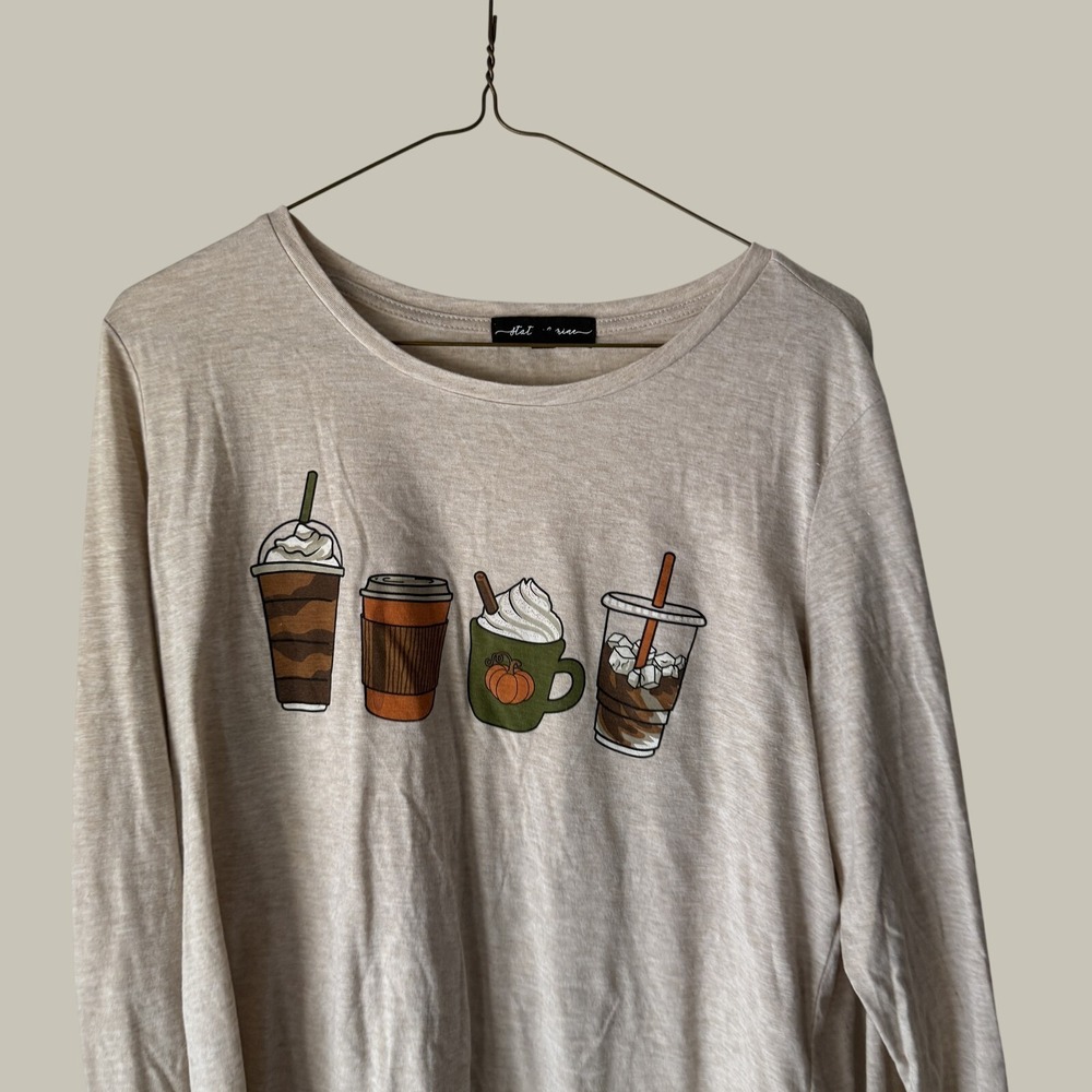 State of Mine Womens Coffee Graphic Long Sleeve Top Oatmeal Heather Large L